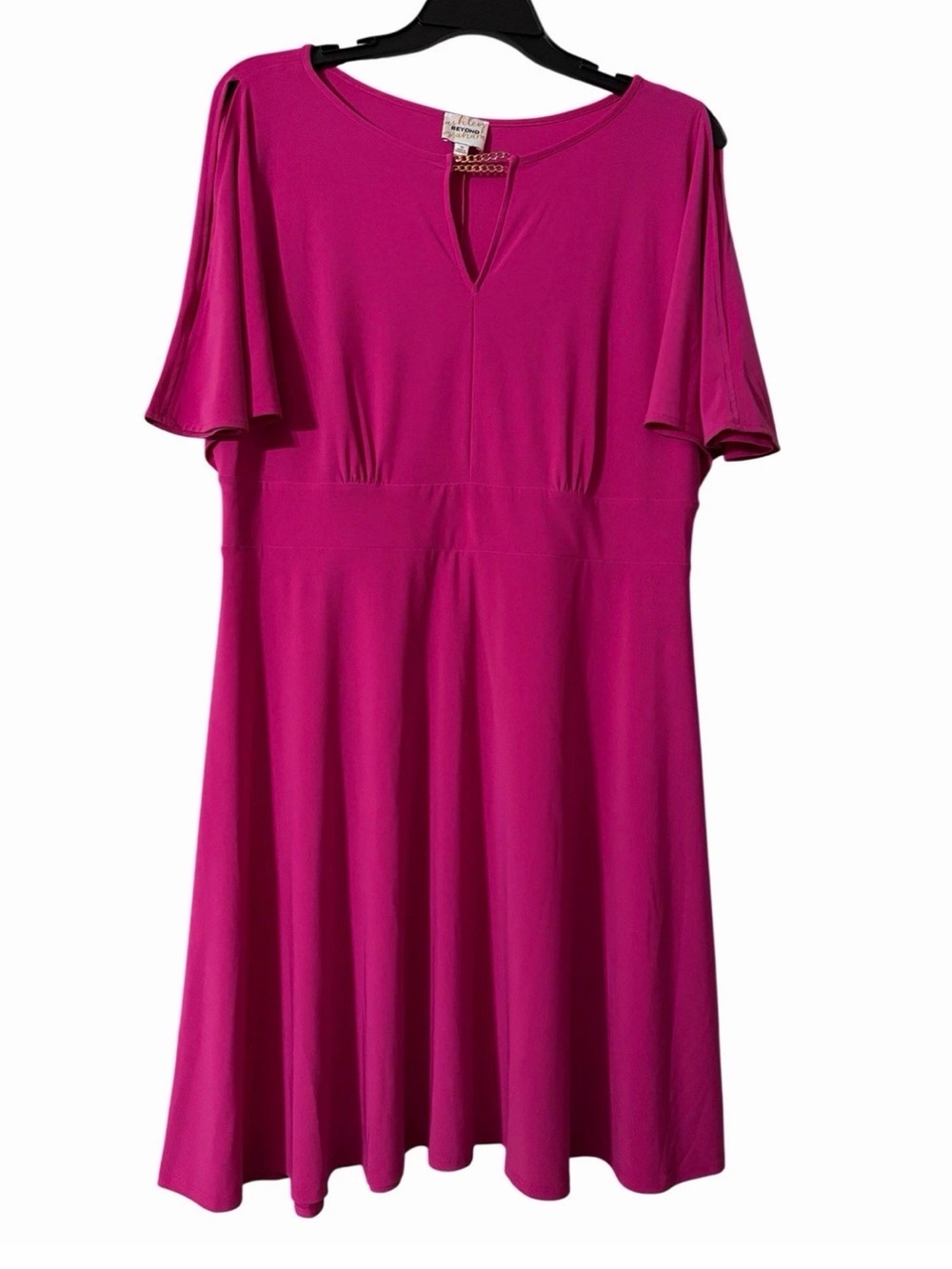 Ashley Graham Beyond 1X Dress Fuchsia Flutter Sleeves V Neck Gold Chain Detail